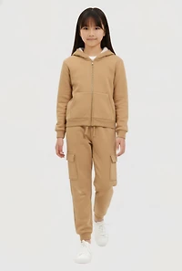 Girls Sherpa Lined Zip Front Sweatshirt and Cargo Joggers