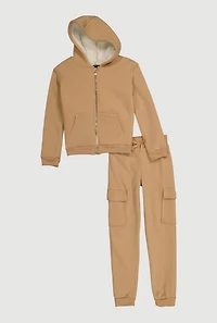 Girls Zip Front Sherpa Lined Sweatshirt and Cargo Joggers,