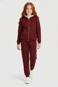 Girls Sherpa Lined Zip Front Sweatshirt and Cargo Joggers