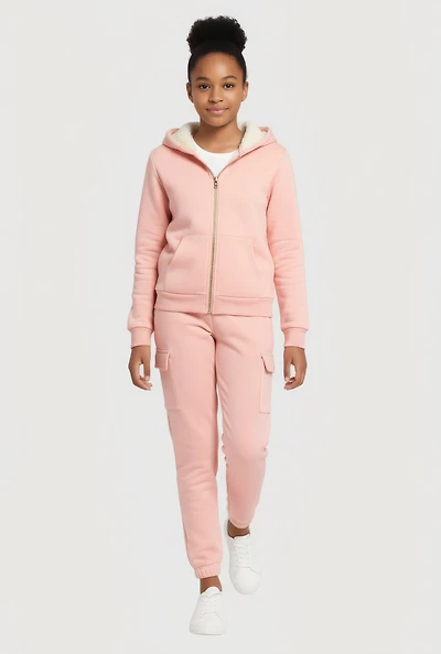 Girls Sherpa Lined Zip Front Sweatshirt and Cargo Joggers
