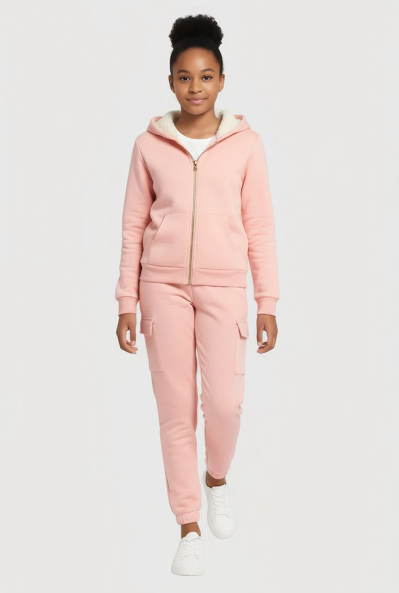 Girls Zip Front Sherpa Lined Sweatshirt and Cargo Joggers