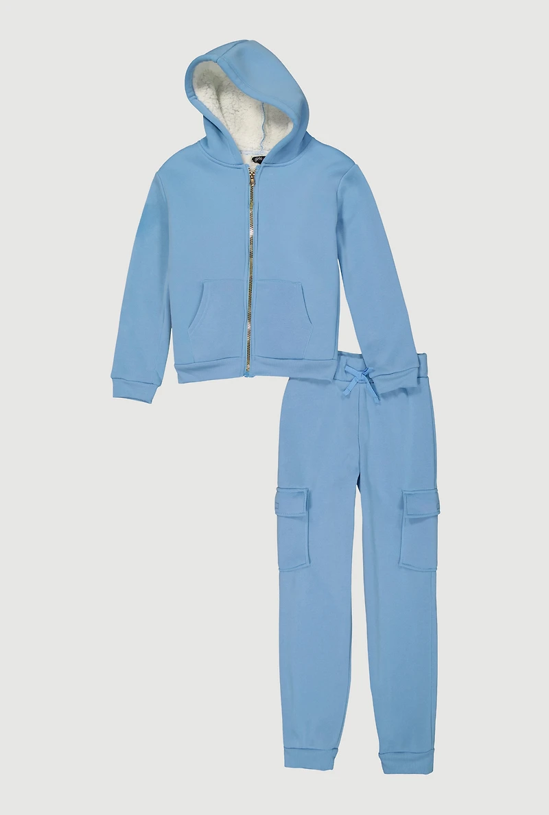 Girls Sherpa Lined Zip Front Sweatshirt and Cargo Joggers, Blue, Size 14-16