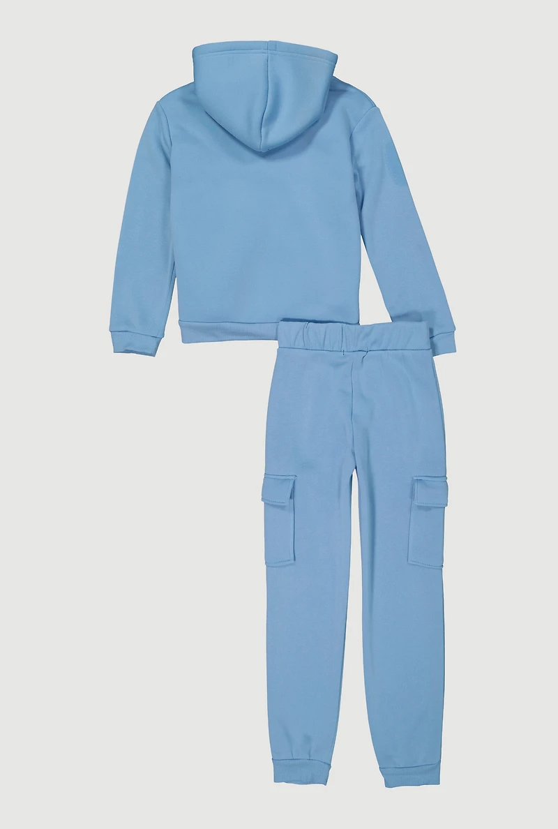 Girls Sherpa Lined Zip Front Sweatshirt and Cargo Joggers, Blue, Size 14-16