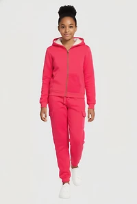 Girls Sherpa Lined Zip Front Sweatshirt and Cargo Joggers