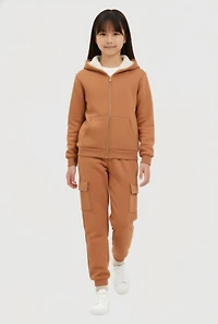 Girls Sherpa Lined Zip Front Sweatshirt and Cargo Joggers