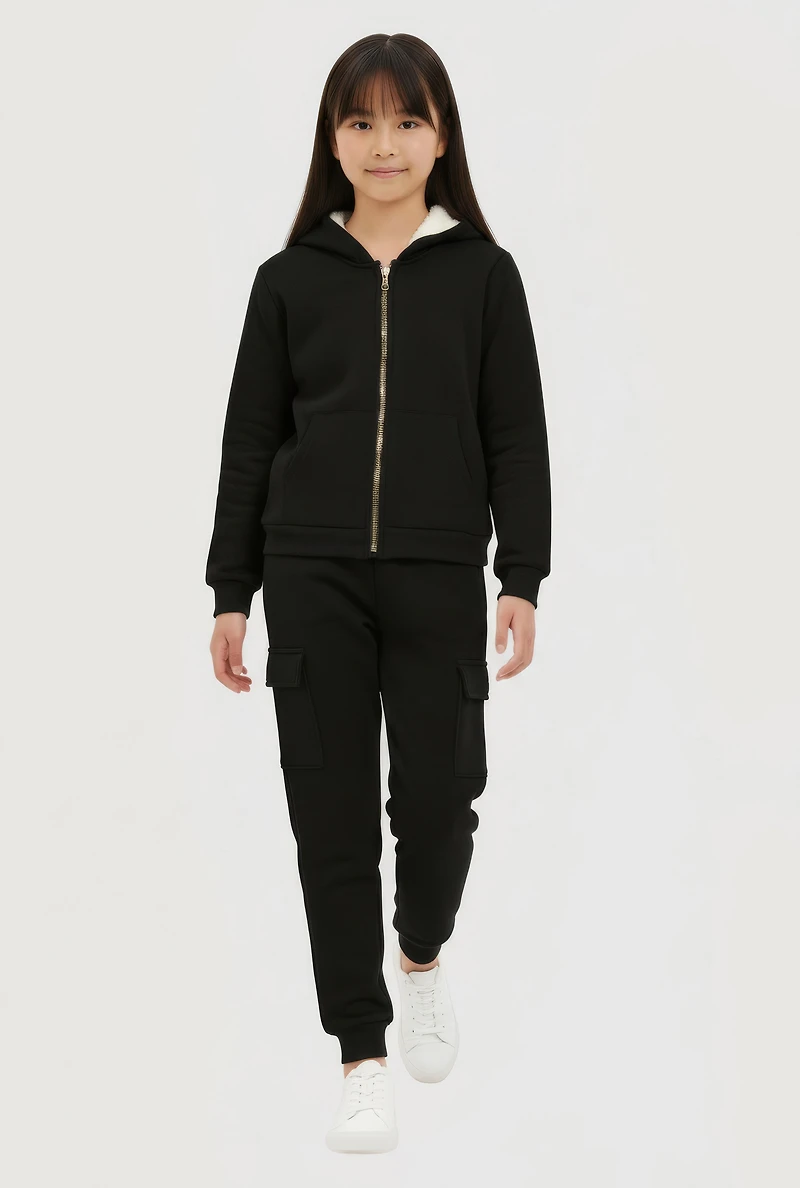 Girls Sherpa Lined Hoodie and Cargo Joggers Set, Black, Size 7-8