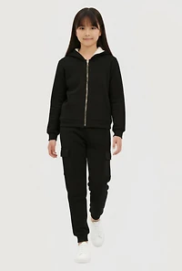 Girls Sherpa Lined Hoodie and Cargo Joggers Set, Black, Size 7-8