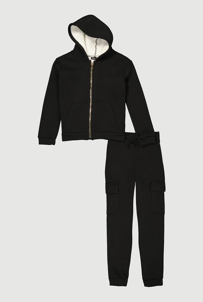 Girls Sherpa Lined Hoodie and Cargo Joggers Set, Black, Size 7-8