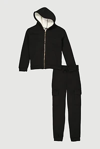 Girls Sherpa Lined Hoodie and Cargo Joggers Set, Black, Size 7-8