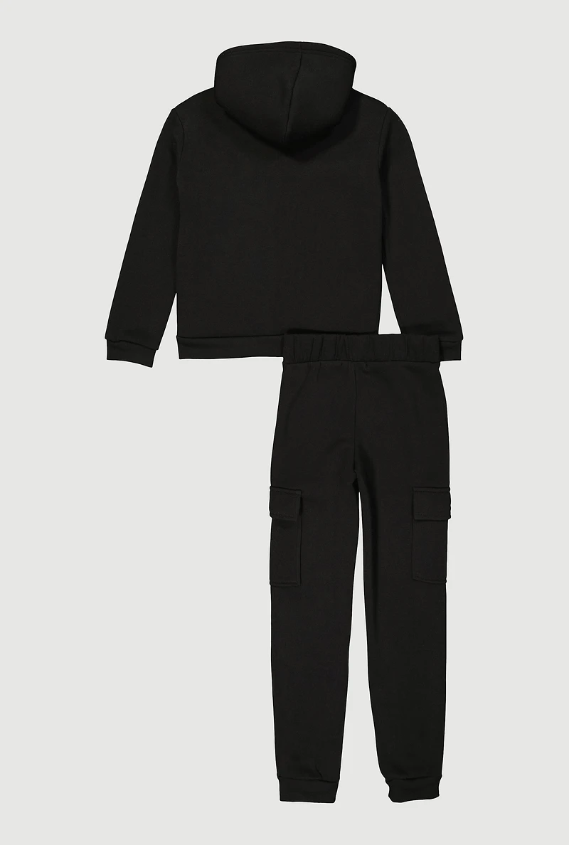 Girls Sherpa Lined Hoodie and Cargo Joggers Set, Black, Size 7-8
