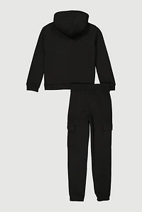 Girls Sherpa Lined Hoodie and Cargo Joggers Set, Black, Size 7-8