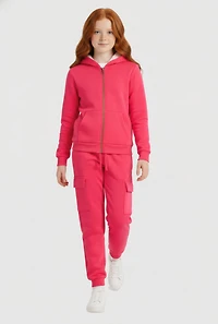 Girls Sherpa Lined Hoodie and Cargo Joggers Set, Pink,