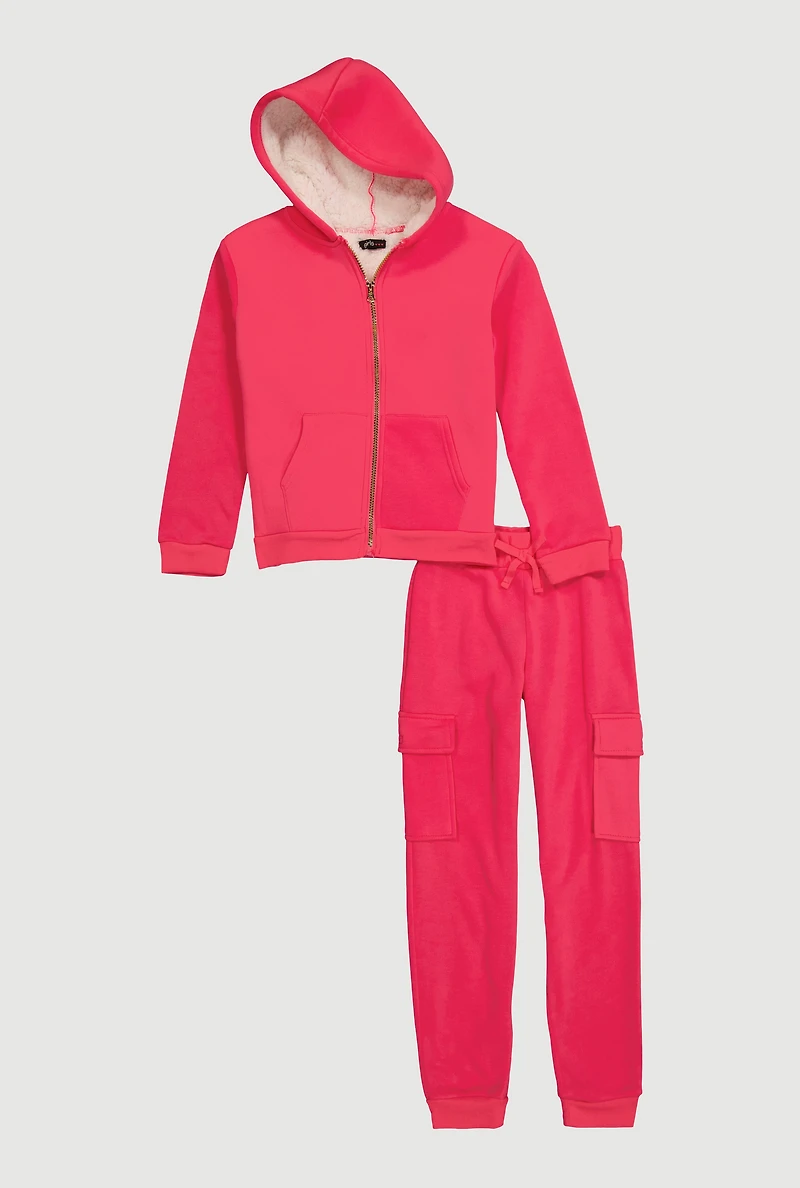 Girls Sherpa Lined Hoodie and Cargo Joggers Set