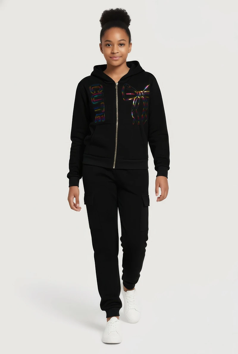 Girls Cute Foil Screen Patch Graphic Sweatshirt and Cargo Joggers