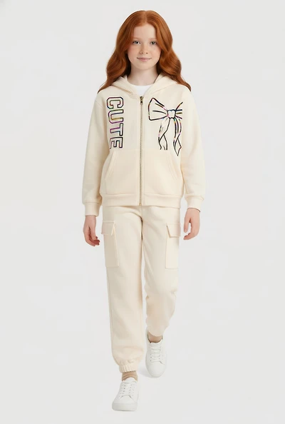 Girls Cute Foil Screen Patch Graphic Sweatshirt and Cargo Joggers