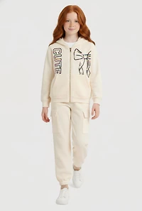 Girls Cute Foil Screen Patch Graphic Sweatshirt and Cargo Joggers