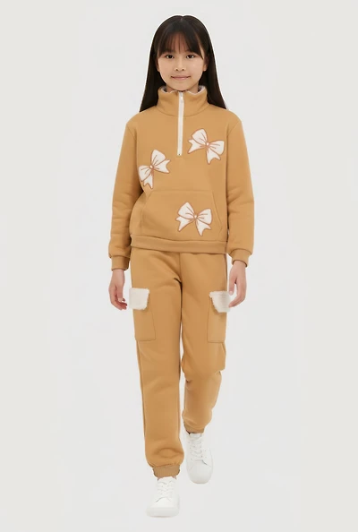 Girls Bow Chenille Quarter Zip Sweatshirt and Joggers,