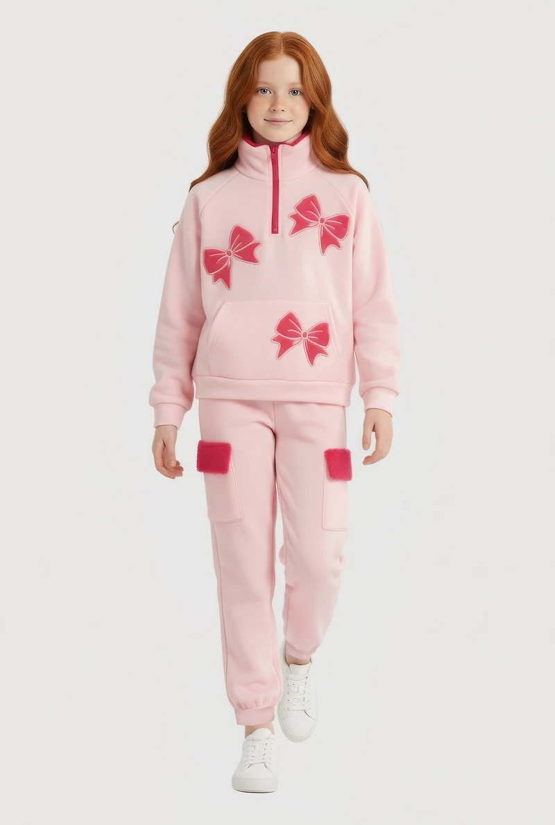 Girls Bow Chenille Quarter Zip Sweatshirt and Joggers, Pink, Size 7-8