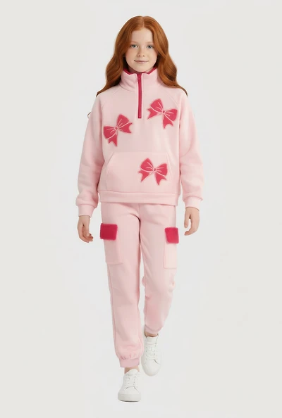 Girls Bow Chenille Quarter Zip Sweatshirt and Joggers, Pink, Size 7-8