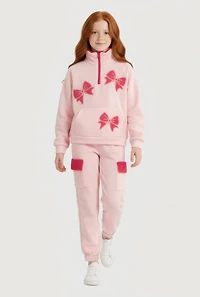 Girls Bow Chenille Quarter Zip Sweatshirt and Joggers, Pink, Size 7-8