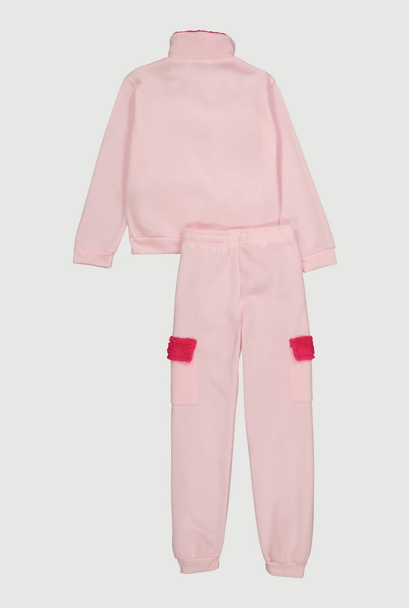 Girls Bow Chenille Quarter Zip Sweatshirt and Joggers, Pink, Size 7-8