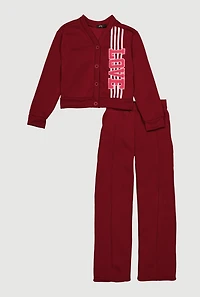 Girls Love Fleece Cardigan and Sweatpants Set, Burgundy, Size 10-12