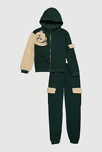 Girls Sherpa Detail Bear Graphic Hoodie and Joggers, Green, Size 14-16