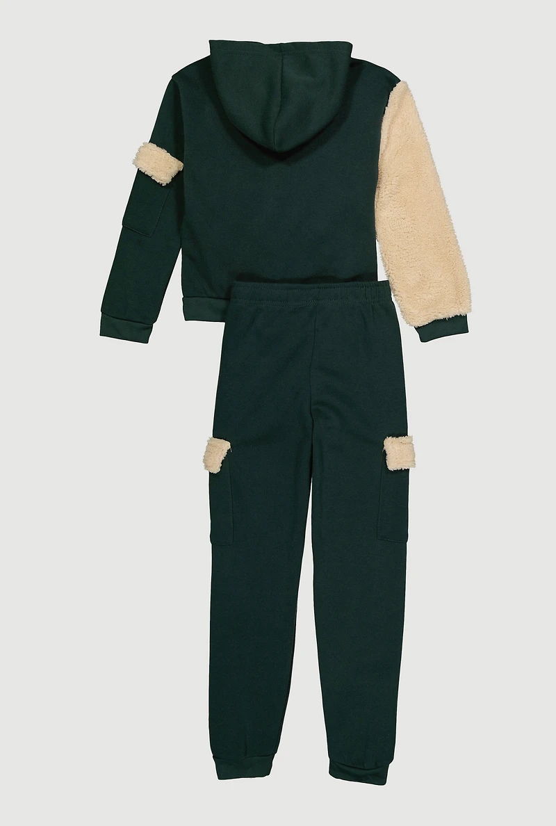 Girls Sherpa Detail Bear Graphic Hoodie and Joggers, Green, Size 14-16