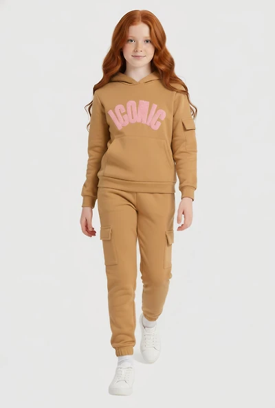 Girls Chenille Iconic Patch Graphic Sweatshirt and Cargo Joggers