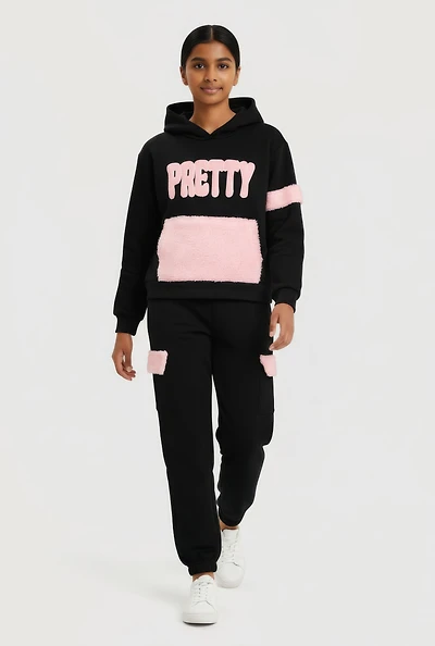 Girls Sherpa Detail Pretty Graphic Hoodie and Sweatpants, Black, Size 10-12