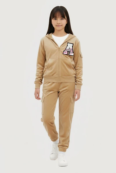 Girls Chenille Patch Zip Front Velour Hoodie and Joggers Set