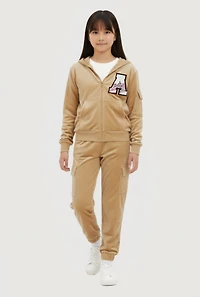 Girls Chenille Patch Zip Front Velour Hoodie and Joggers Set