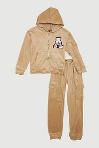 Girls Chenille Patch Zip Front Velour Hoodie and Joggers Set, Beige, Size 7-8