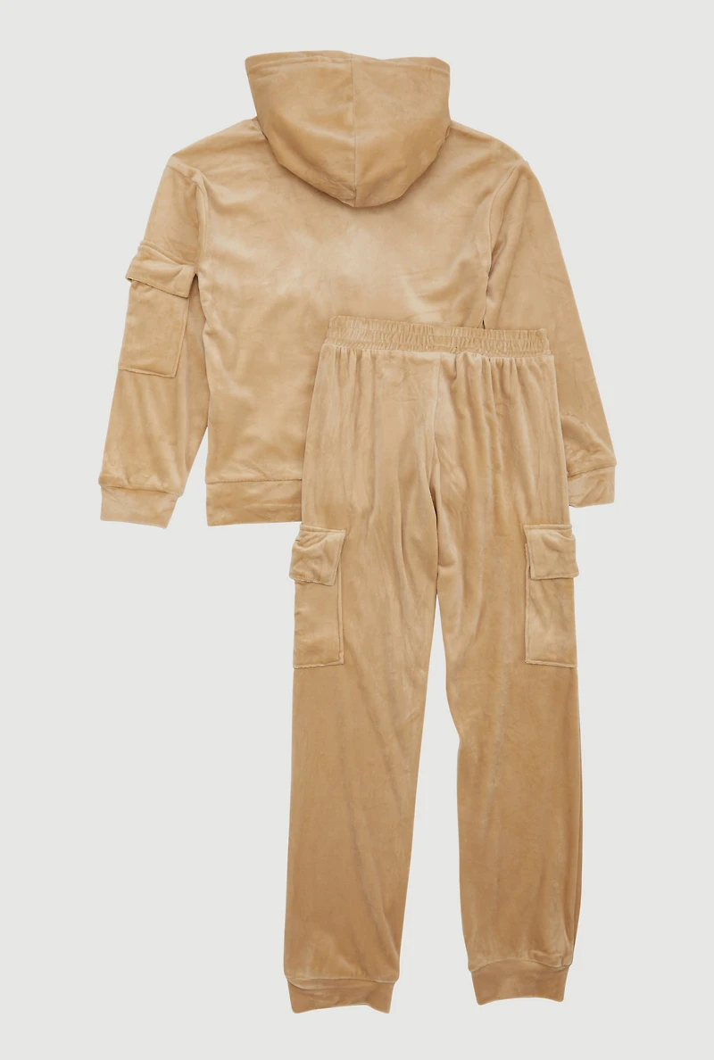Girls Chenille Patch Zip Front Velour Hoodie and Joggers Set, Beige, Size 7-8