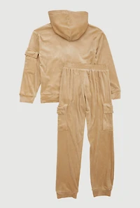 Girls Chenille Patch Zip Front Velour Hoodie and Joggers Set