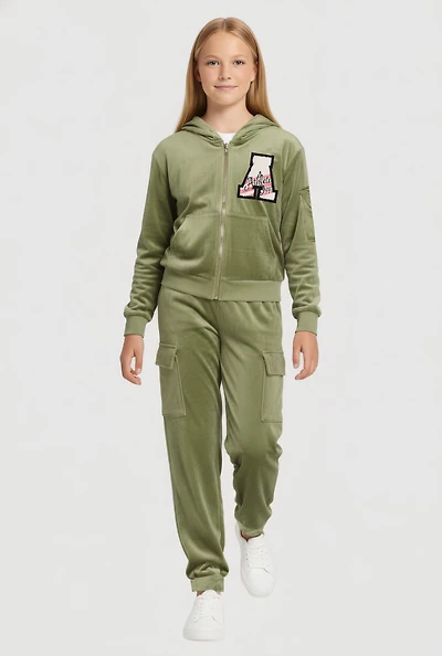 Girls Chenille Patch Zip Front Velour Hoodie and Joggers Set