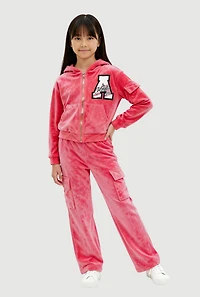 Girls Chenille Patch Zip Front Velour Hoodie and Joggers Set, Pink, Size 10-12