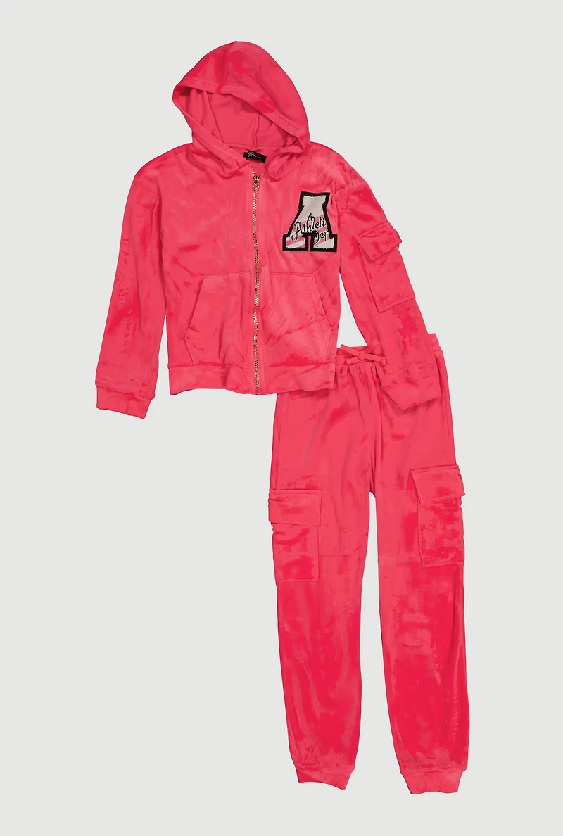 Girls Chenille Patch Zip Front Velour Hoodie and Joggers Set, Pink, Size 7-8