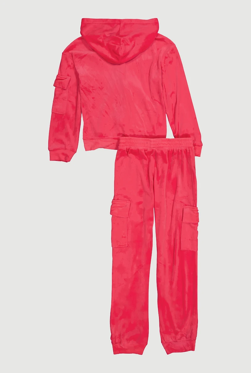 Girls Chenille Patch Zip Front Velour Hoodie and Joggers Set, Pink, Size 10-12