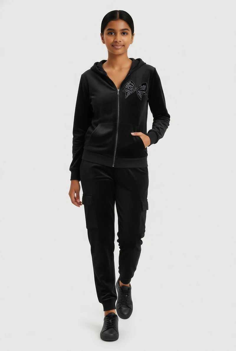 Girls Velour Zip Front Hoodie and Joggers with Bow Graphic, Black, Size 10-12