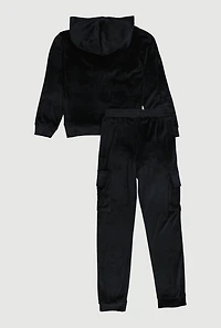 Girls Velour Zip Front Hoodie and Joggers with Bow Graphic