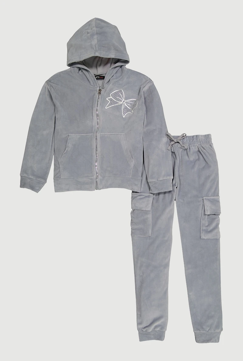 Girls Velour Zip Front Hoodie and Joggers with Bow Graphic, Grey, Size 10-12