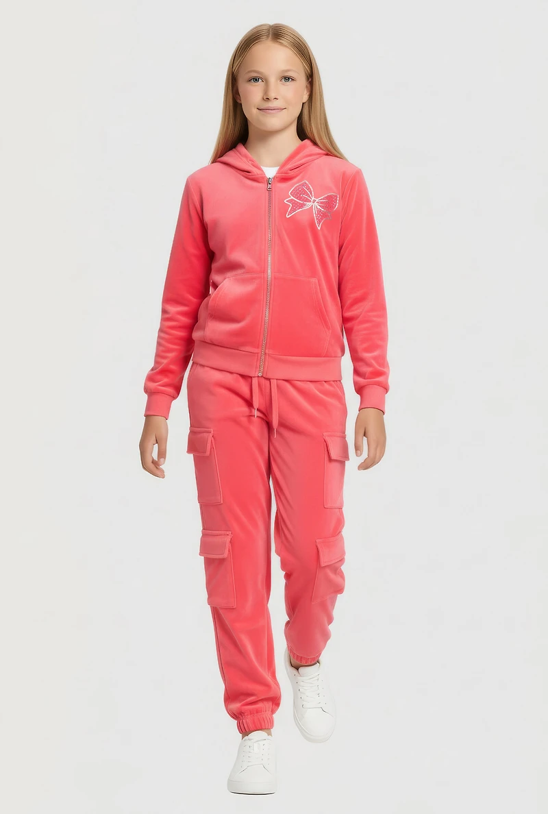 Girls Velour Zip Front Hoodie and Joggers with Bow Graphic