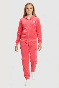 Girls Velour Zip Front Hoodie and Joggers with Bow Graphic