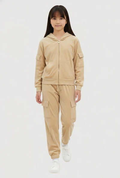 Girls Velour Cargo Pocket Zip Front Hoodie and Joggers Set, Beige,