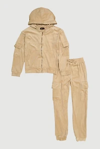 Girls Velour Cargo Pocket Zip Front Hoodie and Joggers Set, Beige,