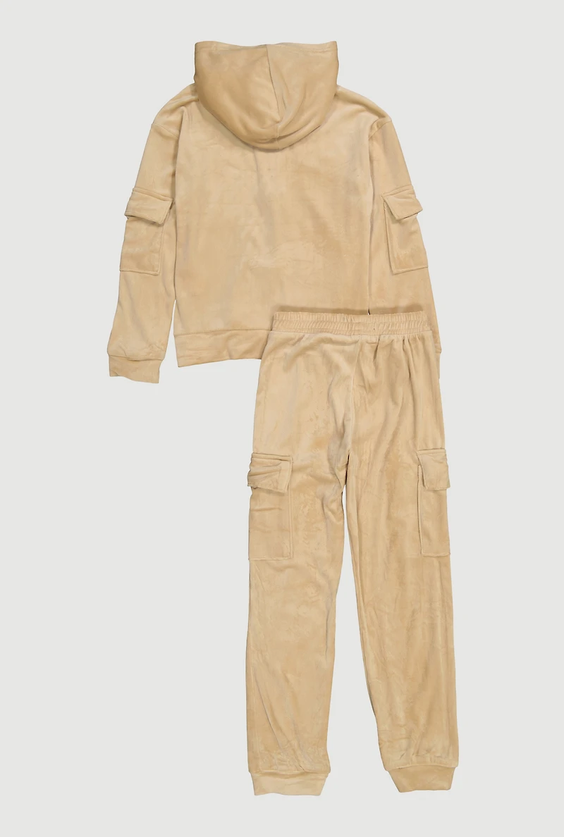 Girls Velour Cargo Pocket Zip Front Hoodie and Joggers Set, Beige,