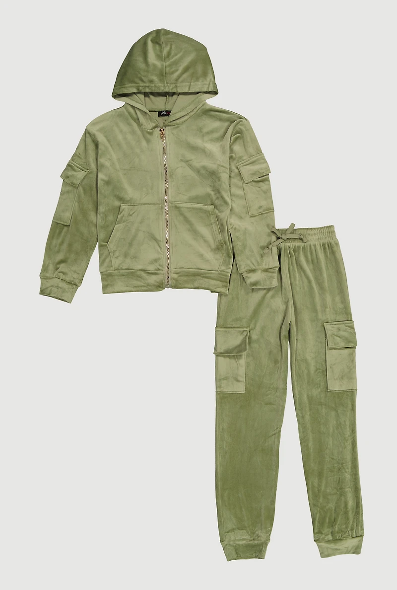 Girls Velour Cargo Pocket Zip Front Hoodie and Joggers Set