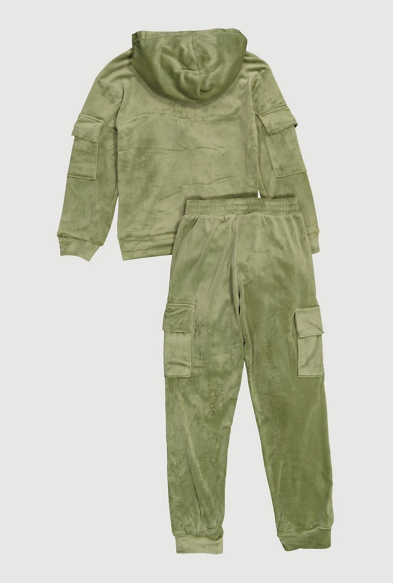 Girls Velour Cargo Pocket Zip Front Hoodie and Joggers Set