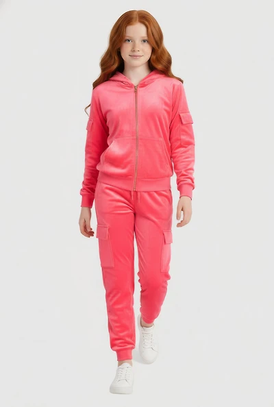 Girls Velour Cargo Pocket Zip Front Hoodie and Joggers Set
